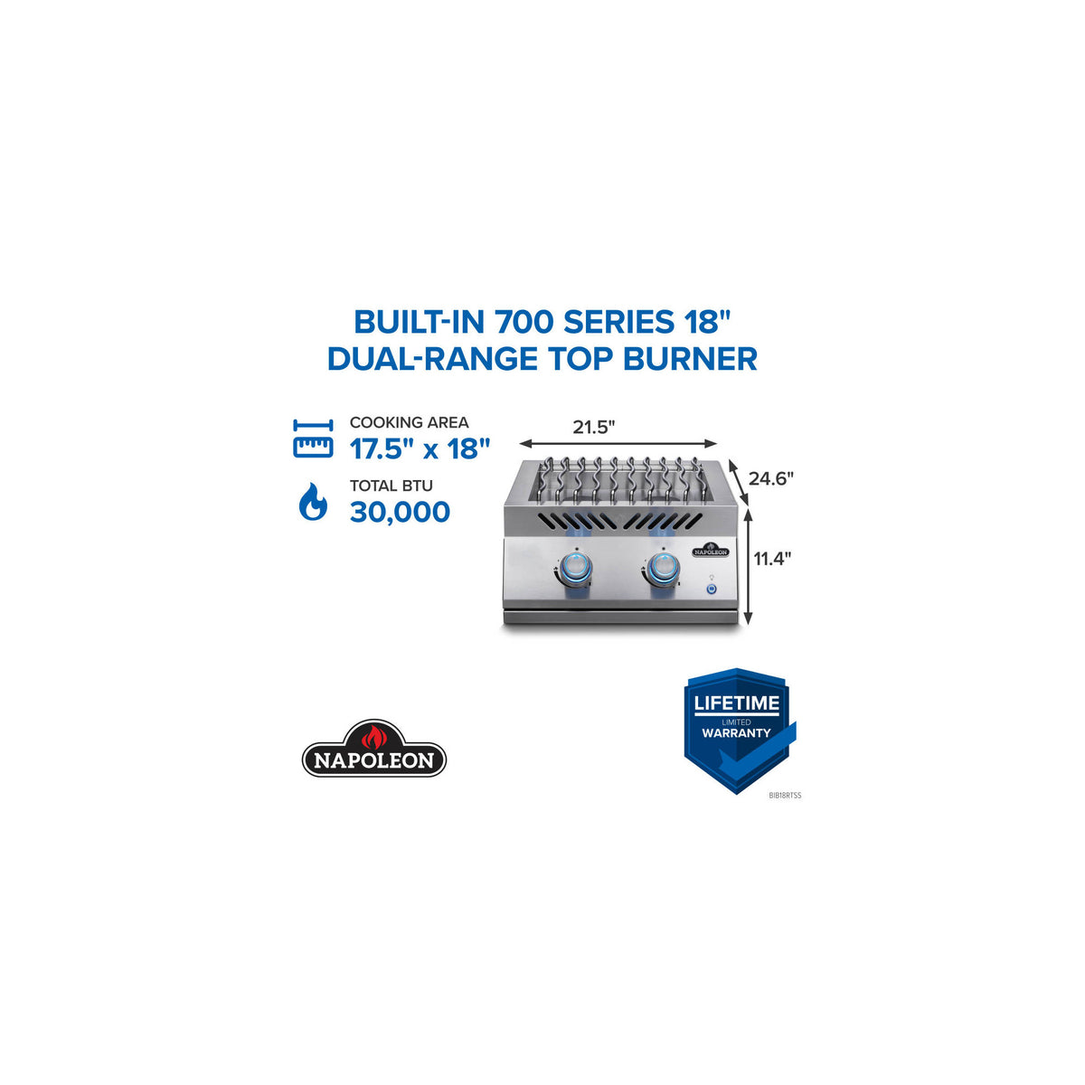 Napoleon 700 Series 18-Inch Built-In Dual Range Top Burner — manufacturer detail view