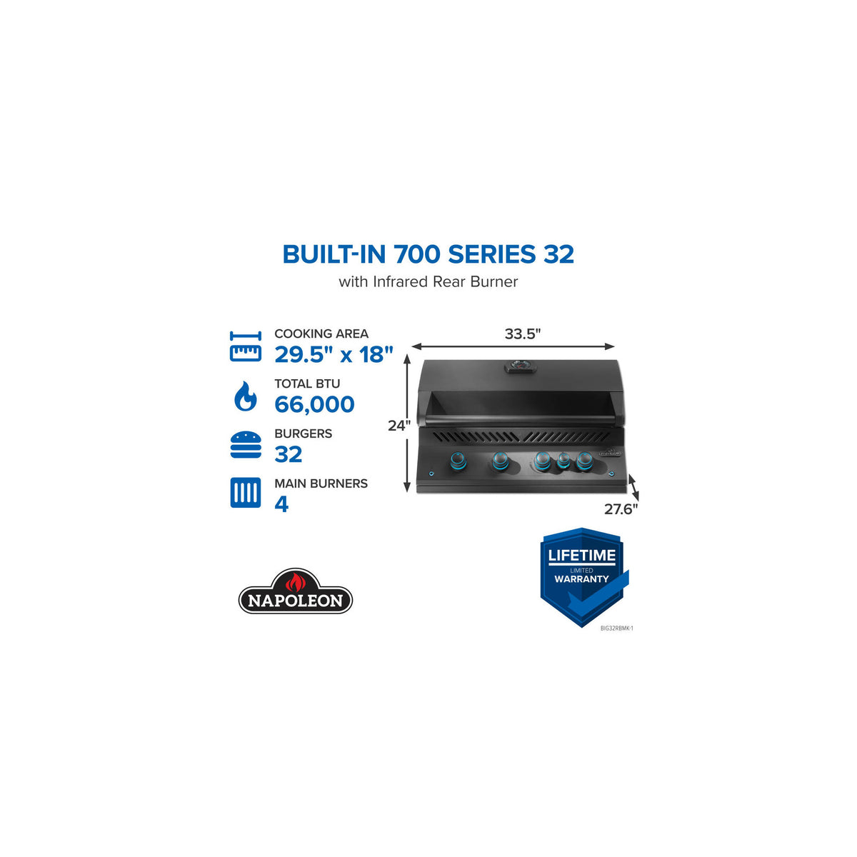 Napoleon 700 Series 32-Inch Built-In Gas Grill with Rotisserie – Matte Black — manufacturer detail view