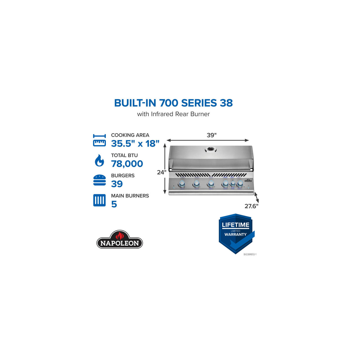Napoleon 700 Series 38-Inch Built-In Gas Grill with Rotisserie — manufacturer detail view