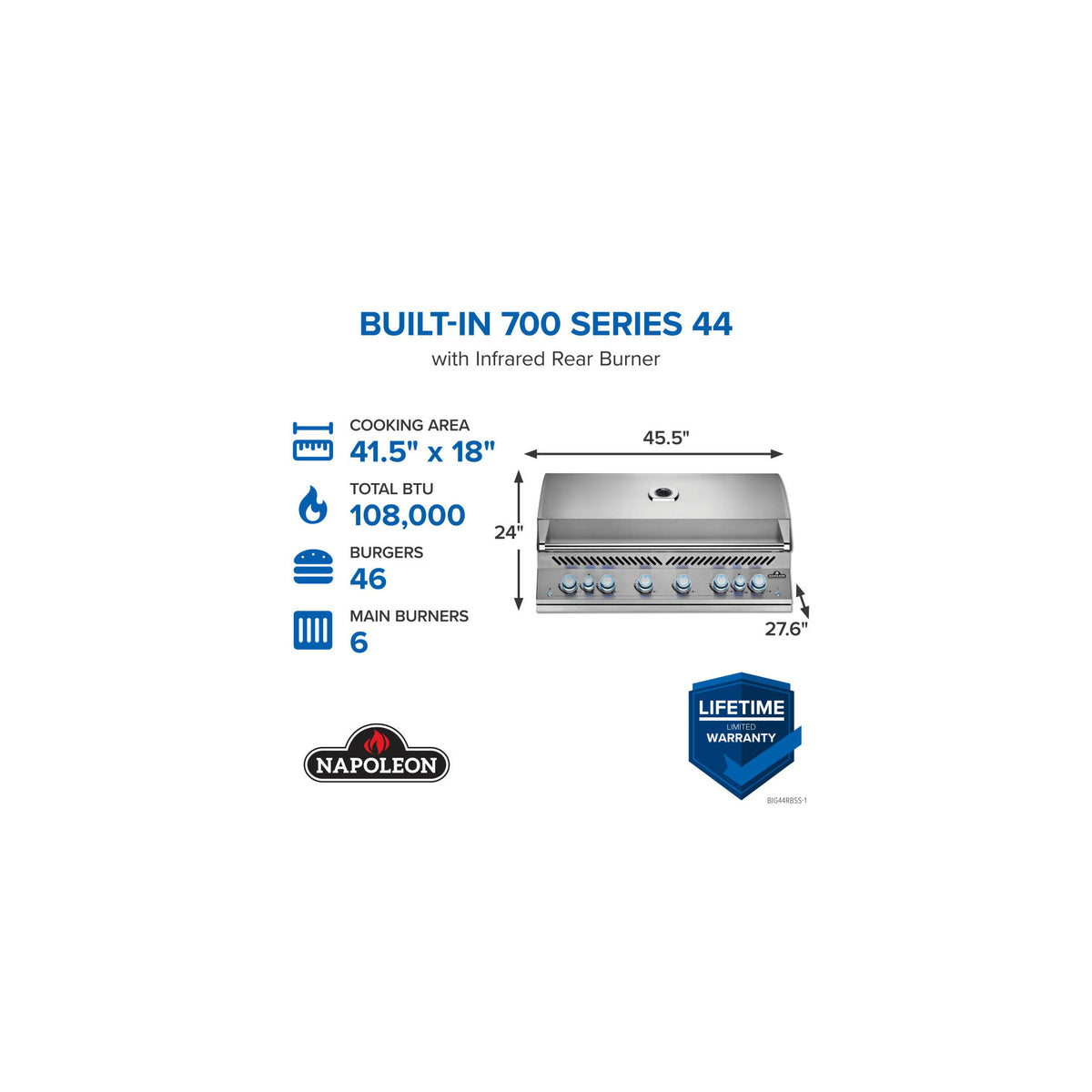 Napoleon 700 Series 44-Inch Built-In Gas Grill with Rotisserie — manufacturer detail view