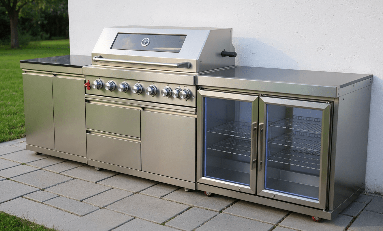 Outdoor Kitchen, Stainless Steel Modular with 5 burner grill, rotisserie, full cabinet and Double Refrigerator - Sunzout Outdoor Spaces LLC
