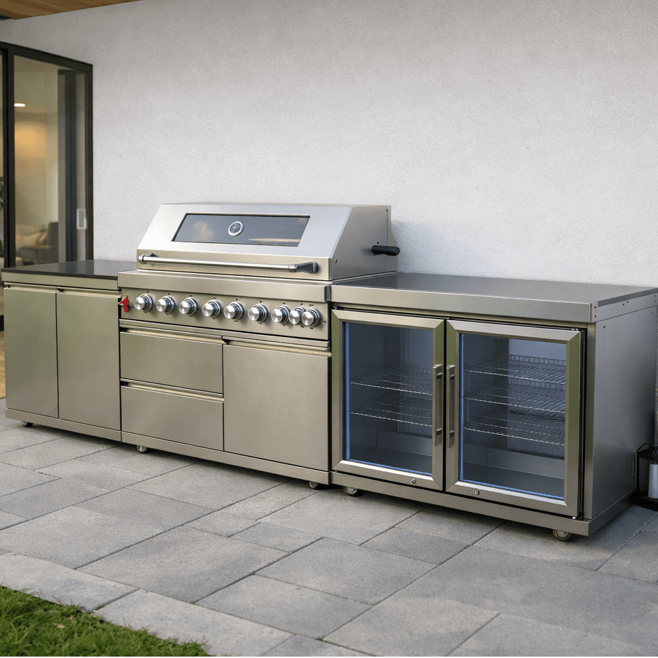 Outdoor Kitchen, Stainless Steel Modular with 5 burner grill, rotisserie, full cabinet and Double Refrigerator - Sunzout Outdoor Spaces LLC