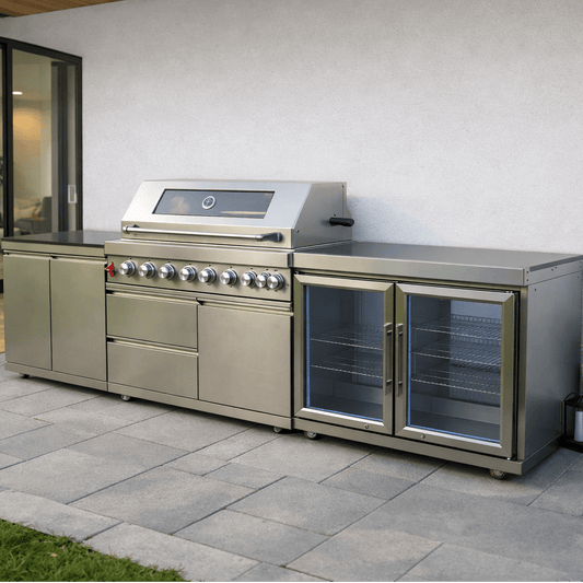 Outdoor Kitchen, Stainless Steel Modular with 5 burner grill, rotisserie, full cabinet and Double Refrigerator - Sunzout Outdoor Spaces LLC