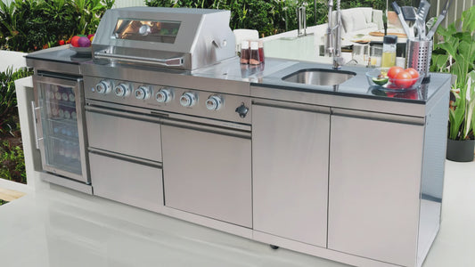 105 in. Sunzout Modular Outdoor Kitchen Island with a 32 Inch Grill and Sideburner, Refrigerator and Sink