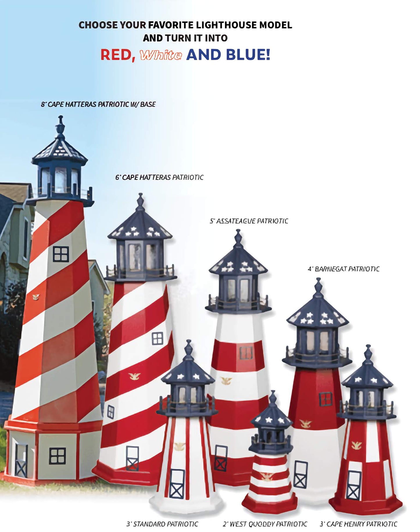 Red White and Blue Garden Lighthouse - Customizable - Sunzout Outdoor Spaces LLC