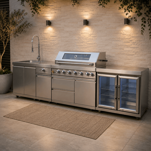Stainless steel modular outdoor kitchen with integrated drawers, sink, and double refrigerator