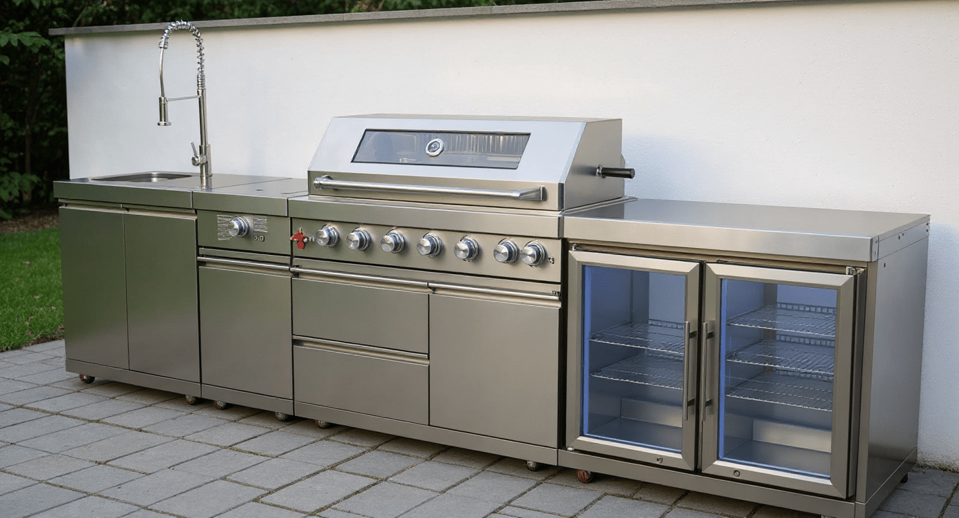 Stainless Steel Modular Outdoor Kitchen, Built in Grill and Burner, Sink and Double Refrigerator - Sunzout Outdoor Spaces LLC