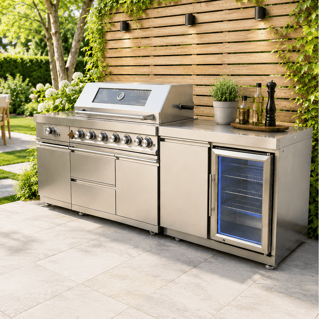 Stainless Steel Modular Outdoor Kitchen Island with Grill, Side Burner and Single refrigerator. - Sunzout Outdoor Spaces LLC