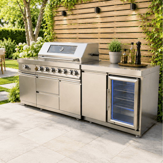 Stainless Steel Modular Outdoor Kitchen Island with Grill, Side Burner and Single refrigerator. - Sunzout Outdoor Spaces LLC