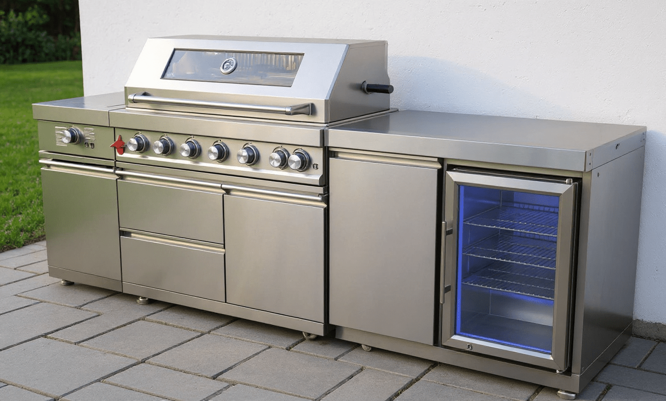 Stainless Steel Modular Outdoor Kitchen Island with Grill, Side Burner and Single refrigerator. - Sunzout Outdoor Spaces LLC