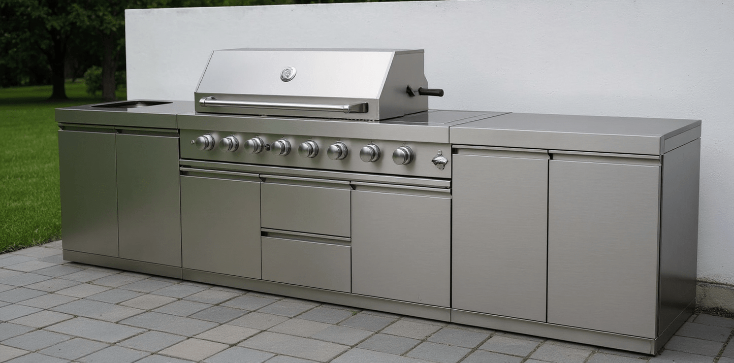 Stainless Steel Modular Outdoor Kitchen with Grill, Side Burner and 2 Storage Cabinets, Countertop - Sunzout Outdoor Spaces LLC