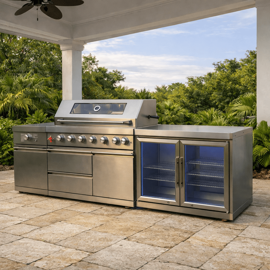 Stainless Steel Modular Outdoor Kitchen with Grill, Side burner, Double Refrigerator, Countertop - Sunzout Outdoor Spaces LLC