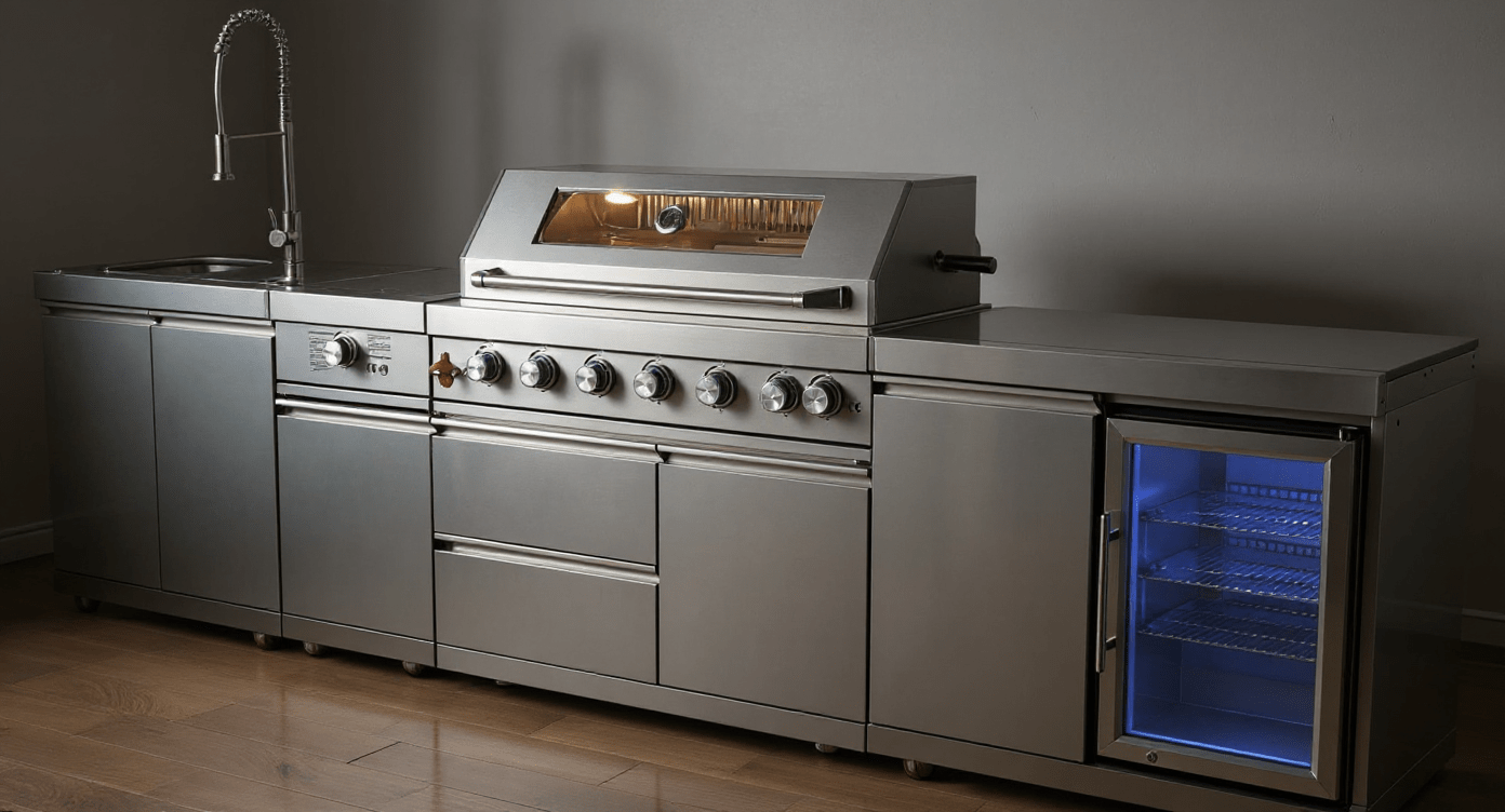 Stainless Steel Outdoor Kitchen, Modular with Grill, Burner, Sink and Single refrigerator. Countertop - Sunzout Outdoor Spaces LLC