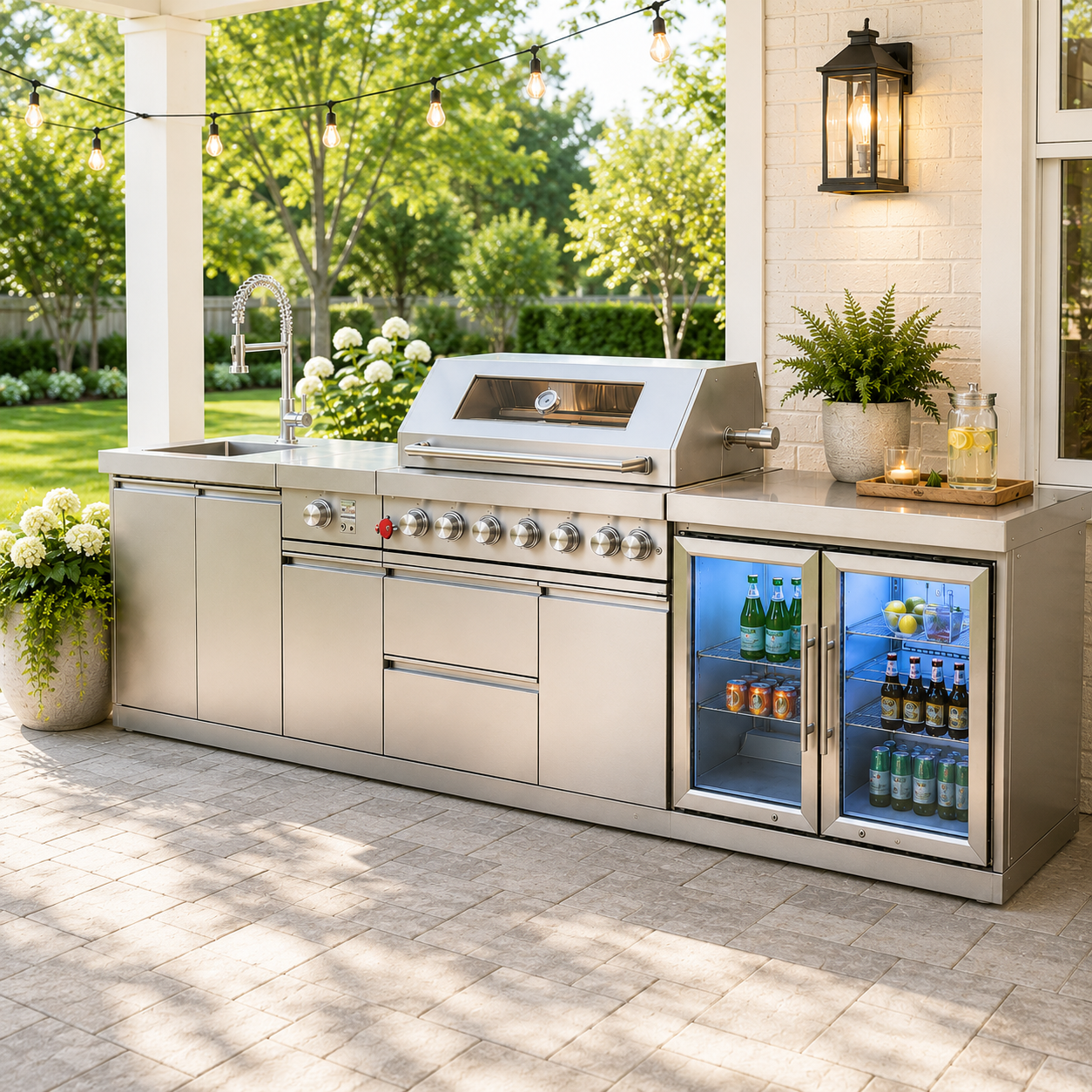 Stainless Steel Outdoor Kitchen with Grill, Rotisserie, Double Refrigerator, Modern Sink and Granite Countertop - Sunzout Outdoor Spaces LLC