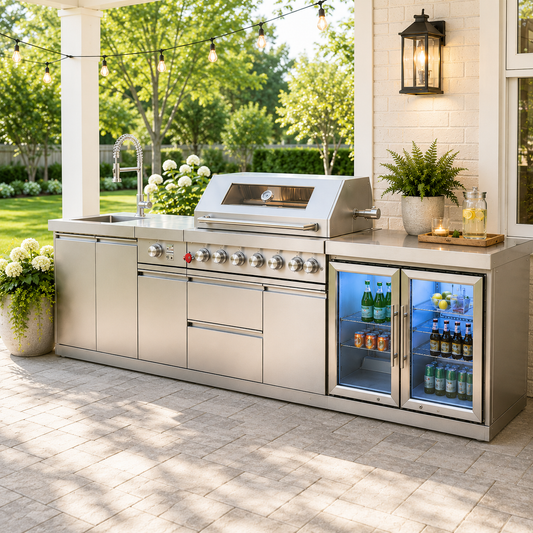 Stainless Steel Outdoor Kitchen with Grill, Rotisserie, Double Refrigerator, Modern Sink and Granite Countertop - Sunzout Outdoor Spaces LLC