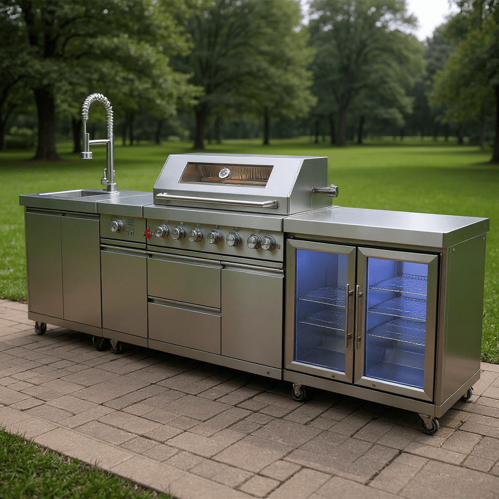 Stainless Steel Outdoor Kitchen with Grill, Rotisserie, Double Refrigerator, Modern Sink and Granite Countertop - Sunzout Outdoor Spaces LLC