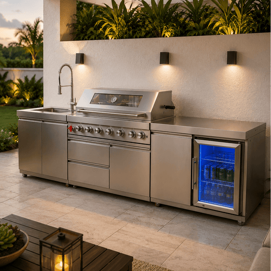 Stainless Steel Outdoor Modular Kitchen with Single Refrigerator, Sink, Storage Cabinet Grill 100.5" - Sunzout Outdoor Spaces LLC