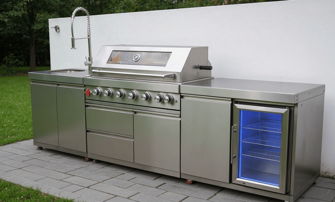 Stainless Steel Outdoor Modular Kitchen with Single Refrigerator, Sink, Storage Cabinet Grill - Sunzout Outdoor Spaces LLC