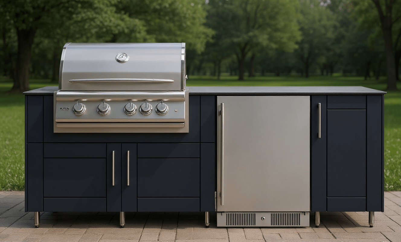 True Flame Grill and Refrigerator Set INCLUDED WITH WeatherStrong 7 1/2' Outdoor Kitchen Island - Sunzout Outdoor Spaces LLC