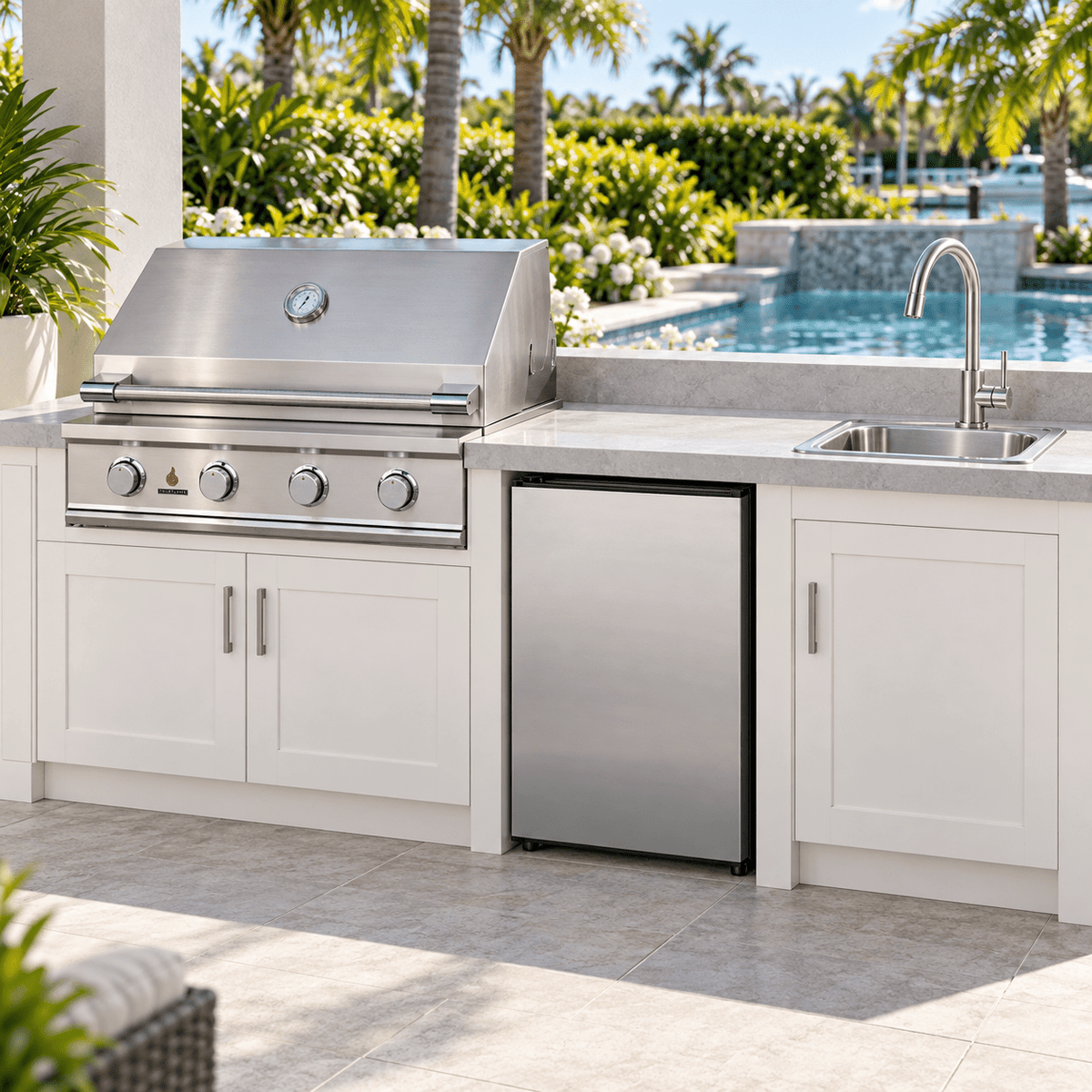 TrueFlame E-Series Gather & Grill Package – 32" Grill, 22" Refrigerator & Drop-In Sink - Sunzout Outdoor Spaces LLC