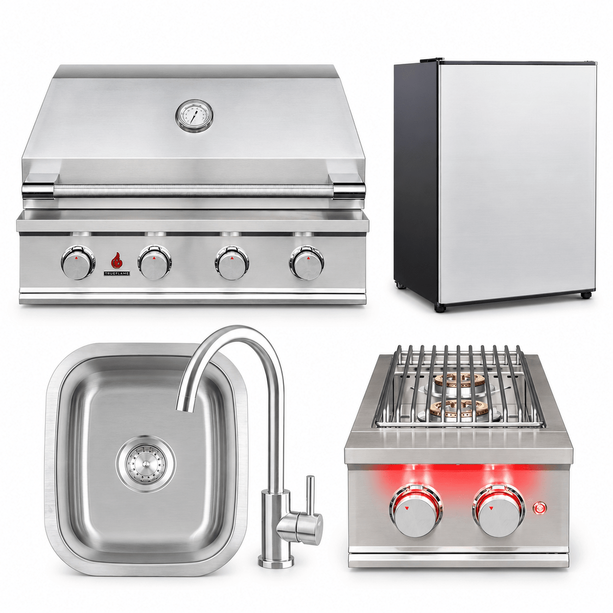 TrueFlame E-Series Gather & Grill Plus Package – 32" Grill, 22" Refrigerator, Double Side Burner & Drop-In Sink - Sunzout Outdoor Spaces LLC