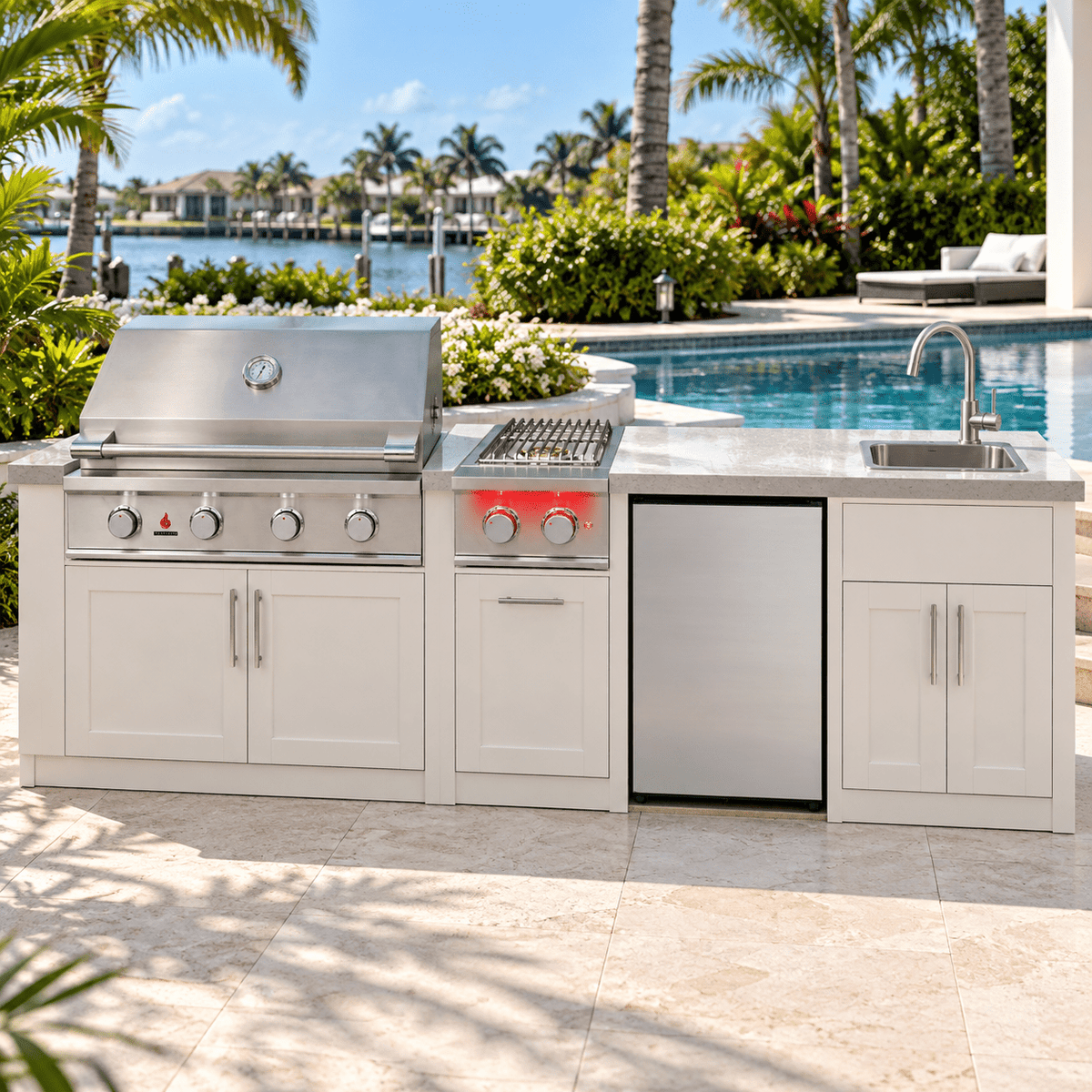 TrueFlame E-Series Gather & Grill Plus Package – 32" Grill, 22" Refrigerator, Double Side Burner & Drop-In Sink - Sunzout Outdoor Spaces LLC