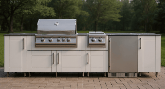TrueFlame Grill, Side Burner & Refrigerator INCLUDED WITH 10 1/2 Ft WeatherStrong Outdoor Kitchen Island - Sunzout Outdoor Spaces LLC