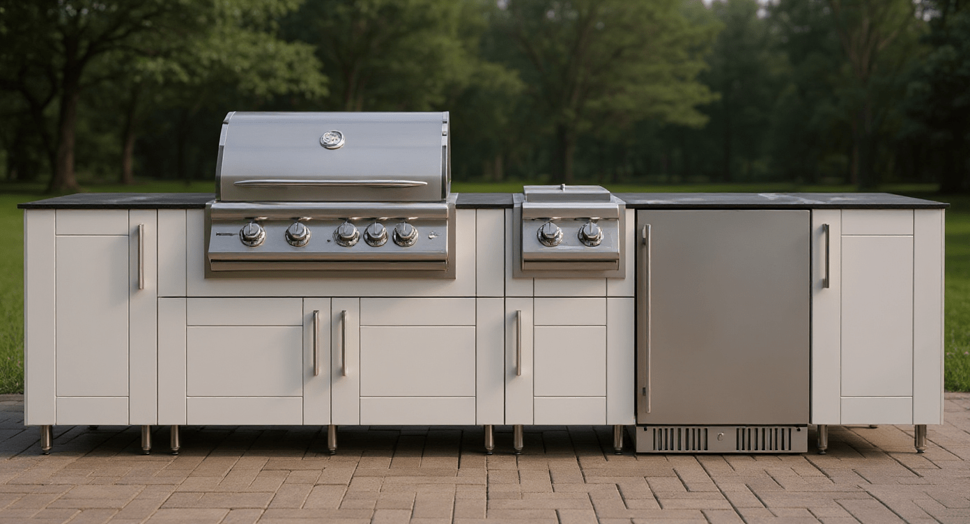 TrueFlame Grill, Side Burner & Refrigerator INCLUDED WITH 10 1/2 Ft WeatherStrong Outdoor Kitchen Island - Sunzout Outdoor Spaces LLC