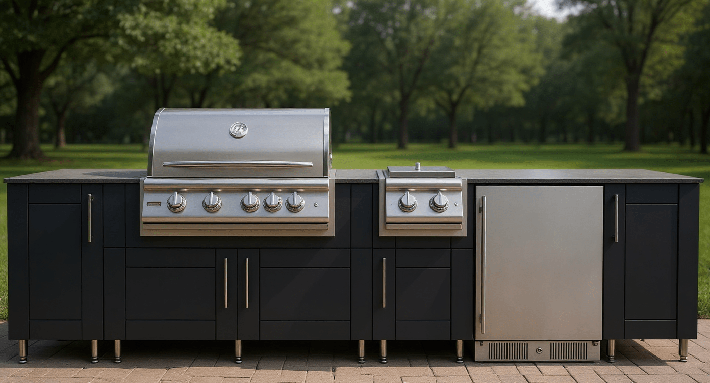 TrueFlame Grill, Side Burner & Refrigerator INCLUDED WITH 10 1/2 Ft WeatherStrong Outdoor Kitchen Island - Sunzout Outdoor Spaces LLC