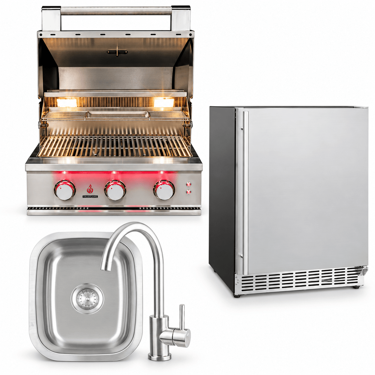 TrueFlame Weekend Host Package – 25" Grill, 24" Stainless-Door Refrigerator & Drop-In Sink - Sunzout Outdoor Spaces LLC