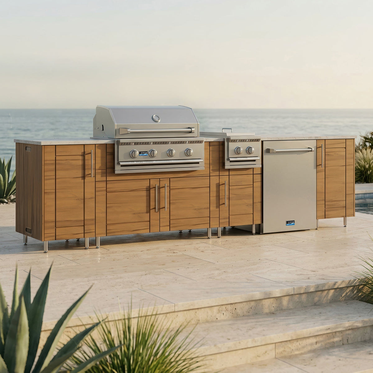 WeatherStrong 126" Breakwater HDPE Outdoor Kitchen Island with Grill, Side Burner & Refrigerator - Sunzout Outdoor Spaces LLC
