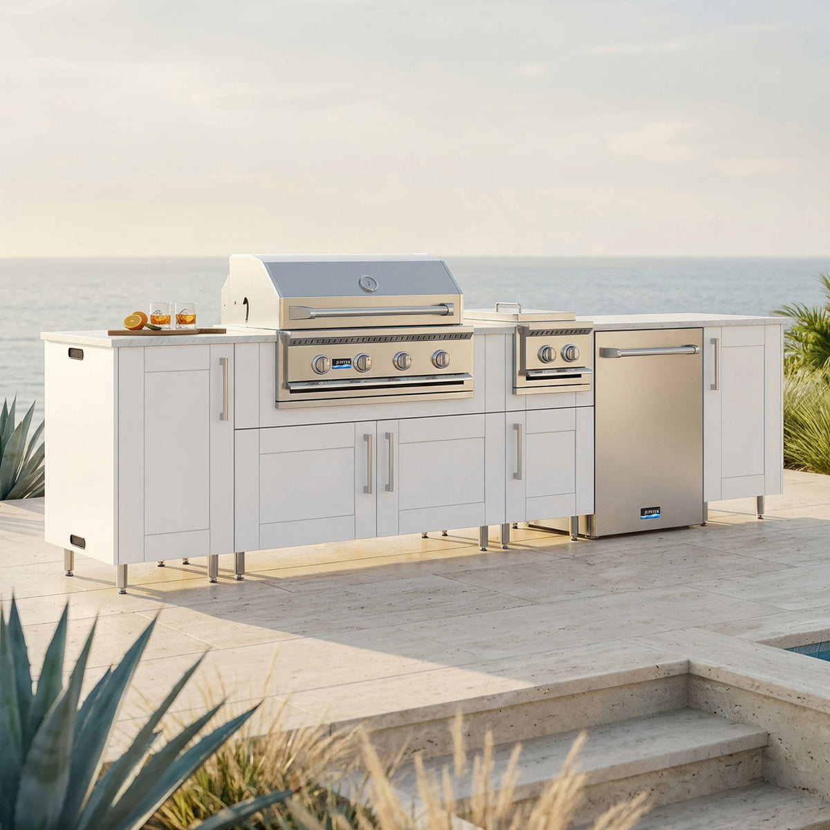 WeatherStrong 126" Breakwater HDPE Outdoor Kitchen Island with Grill, Side Burner & Refrigerator - Sunzout Outdoor Spaces LLC