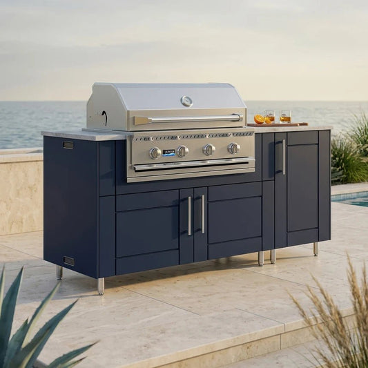WeatherStrong HDPE-component outdoor kitchen island with grill and coastal styling