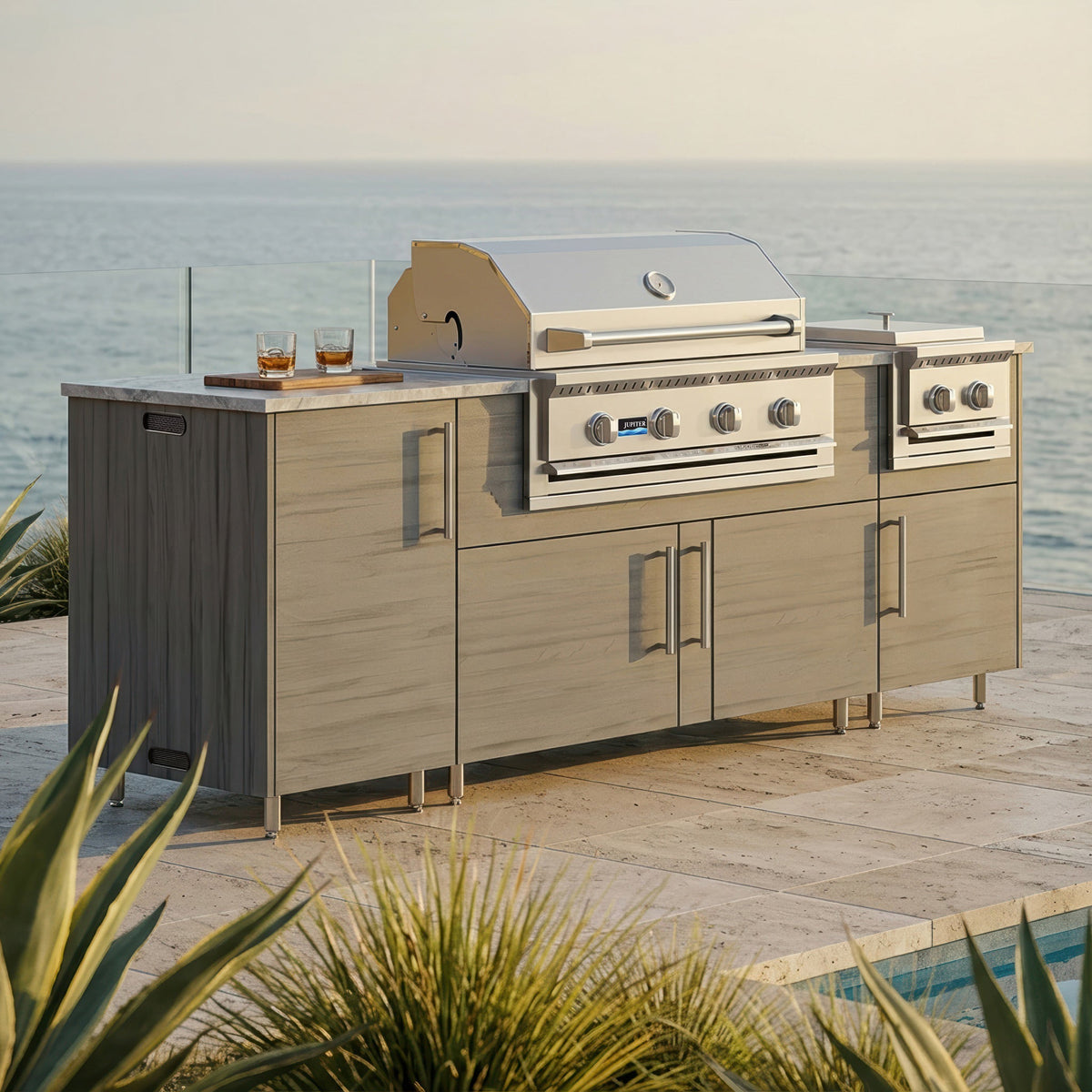 WeatherStrong 86" Sandbar HDPE Outdoor Kitchen Island with Grill & Side Burner - Sunzout Outdoor Spaces LLC