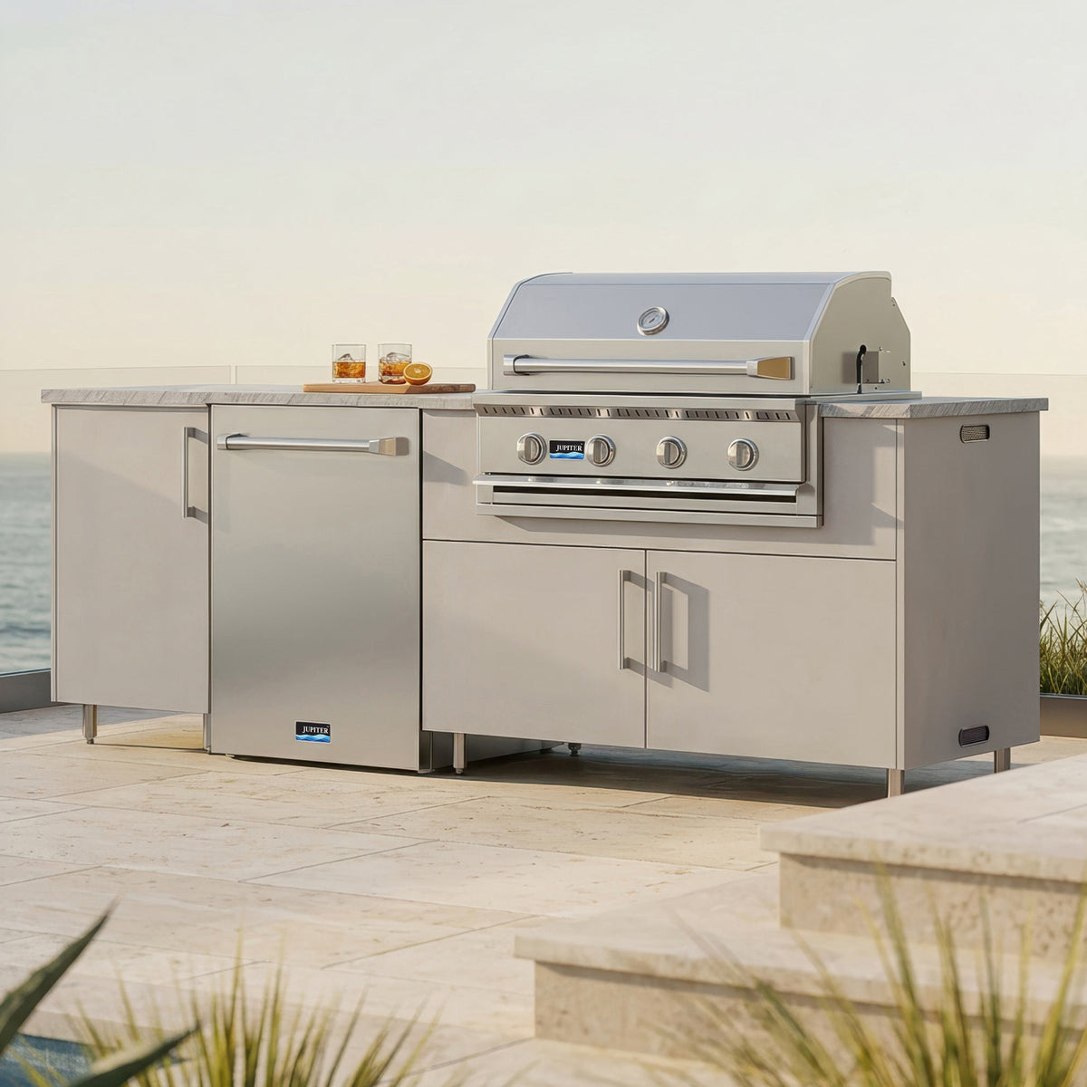 WeatherStrong 90" Bayside HDPE Outdoor Kitchen Island with Grill & Refrigerator - Sunzout Outdoor Spaces LLC