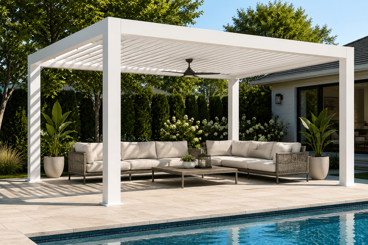 A White Motorized Aluminum Pergola by Sunzout, illustrating how the louvered roof can be adjusted for light and weather protection.
