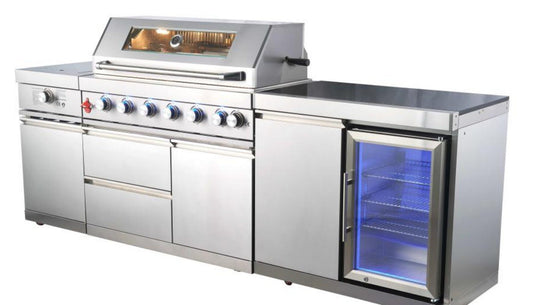 100.5 Inch Stainless Steel Modular Outdoor Kitchen Island with Grill, Side Burner and Single refrigerator. Black Granite Countertop Included - Sunzout Outdoor Spaces LLC