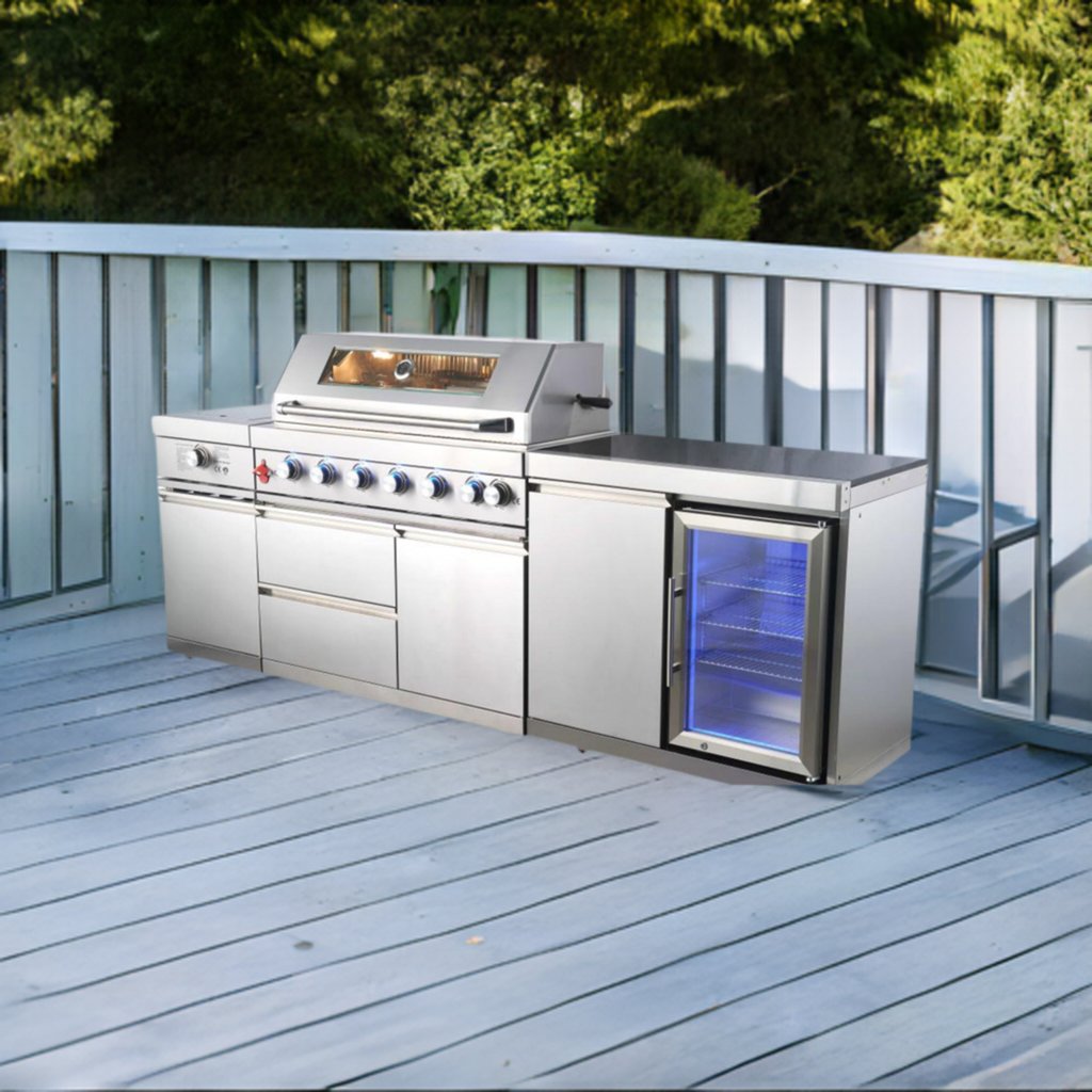 100.5 Inch Stainless Steel Modular Outdoor Kitchen Island with Grill, Side Burner and Single refrigerator. Black Granite Countertop Included - Sunzout Outdoor Spaces LLC