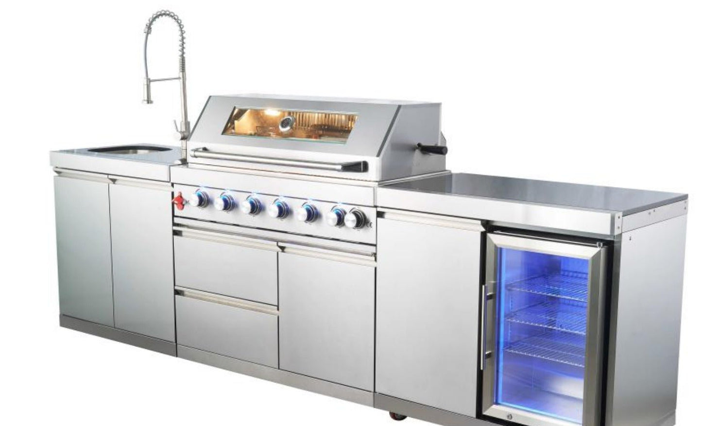 100.5 Inch Stainless Steel Outdoor Modular Kitchen with Single Refrigerator, Sink, Storage Cabinet and 103,000 BTU Built in Grill - Sunzout Outdoor Spaces LLC