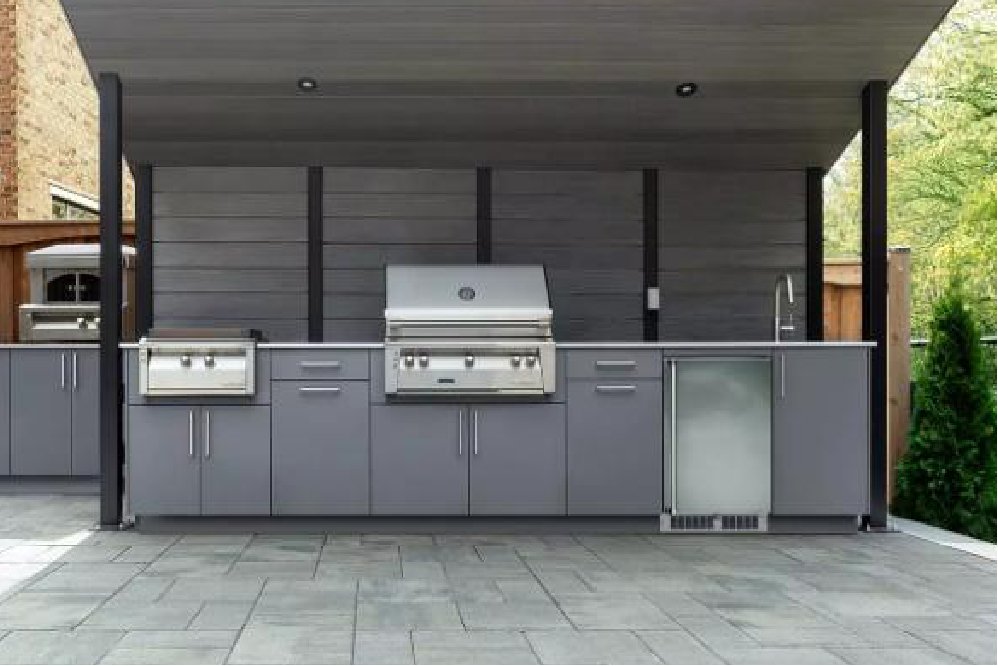 11 ft Modern Powder Coated Grey Designer Outdoor Kitchen, Griddle, Grill, Fridge and Sink Cabinets - Sunzout Outdoor Spaces LLC