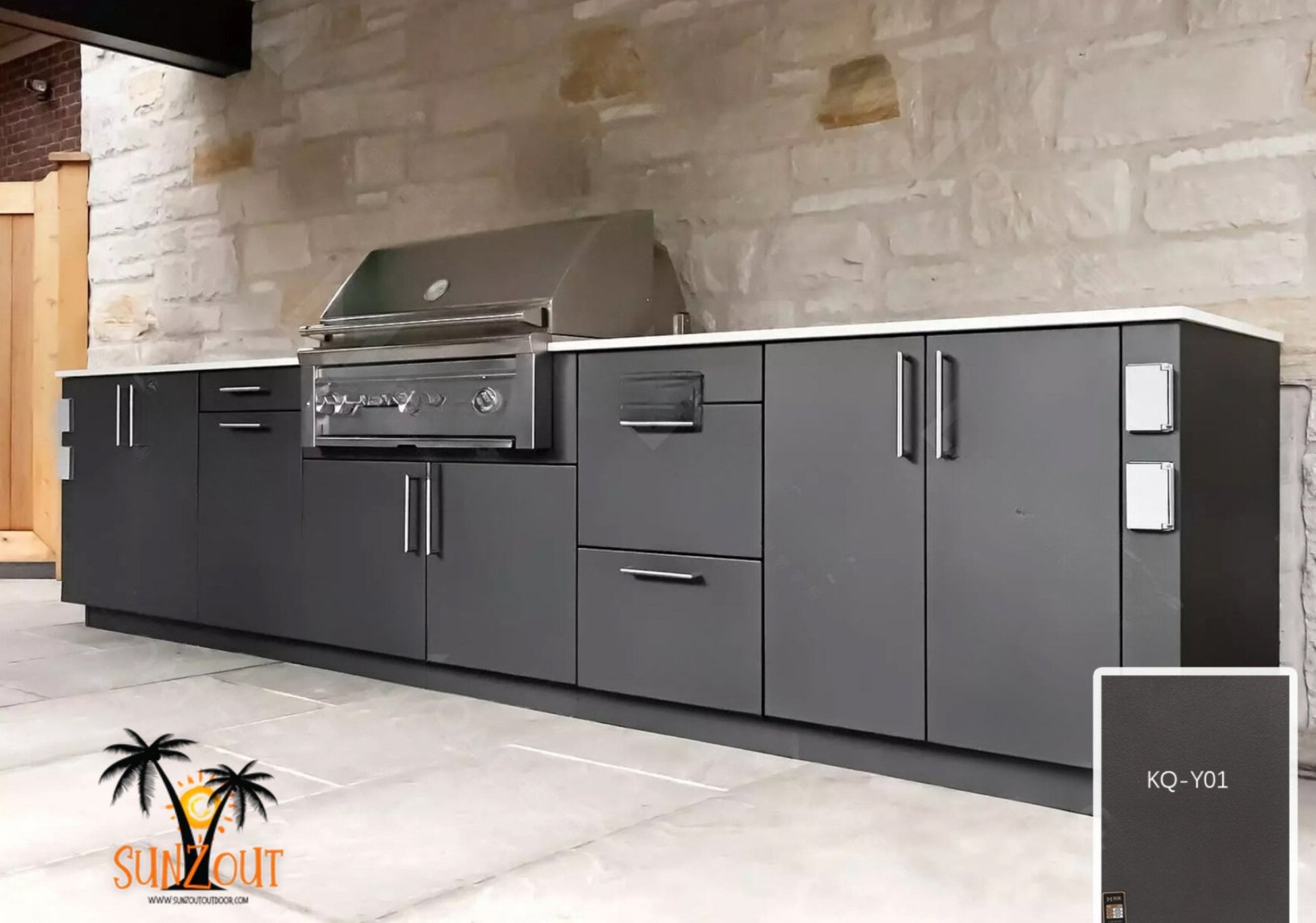 12 ft Dark Grey Sunzout Designer Series Modular Outdoor Kitchen available in multiple Colors with 34 in 4 Burner Grill - Sunzout Outdoor Spaces LLC