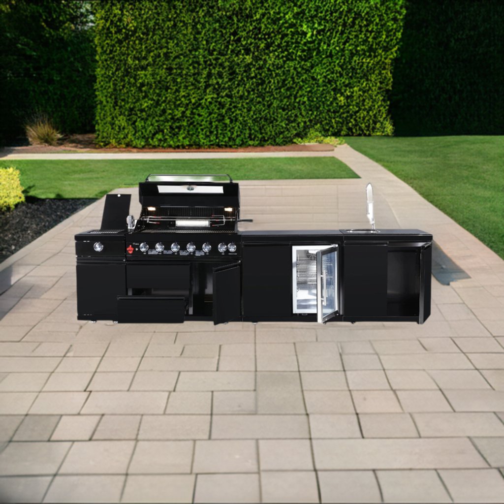 134 in Modern Black Stainless Steel Modular Outdoor Kitchen with 6 burner Grill, Refrigerator, Sink and Side Burner - Sunzout Outdoor Spaces LLC