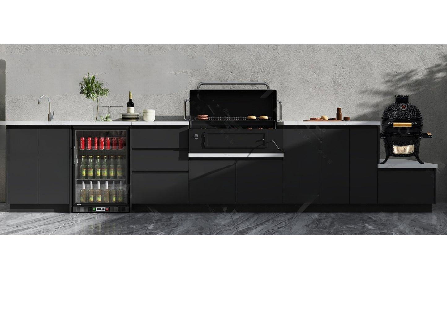164 inch Black Charcoal Sunzout Designer Series Modular Outdoor Kitchen, 34 in 4 Burner Grill, Sink - Sunzout Outdoor Spaces LLC
