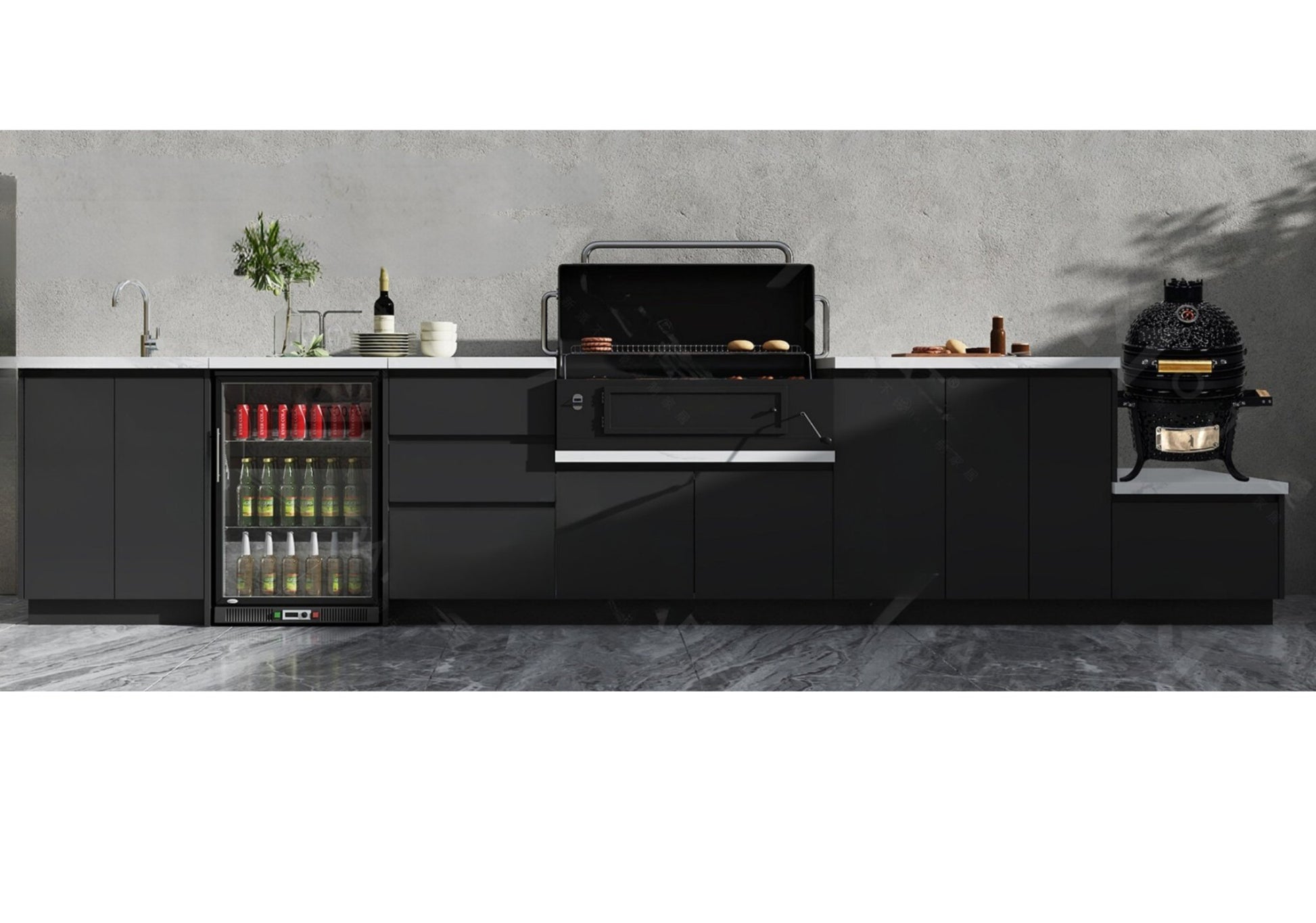164 inch Black Charcoal Sunzout Designer Series Modular Outdoor Kitchen, 34 in 4 Burner Grill, Sink - Sunzout Outdoor Spaces LLC