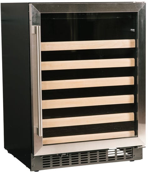24 Inch Wine Center with 5.1 cu. ft. Capacity, Wood Front Racks, Field Reversible Door, Blue LED Lighting, Digital Display Controls, Auto Defrost, and ADA Compliant: Stainless Steel - Sunzout Outdoor Spaces LLC