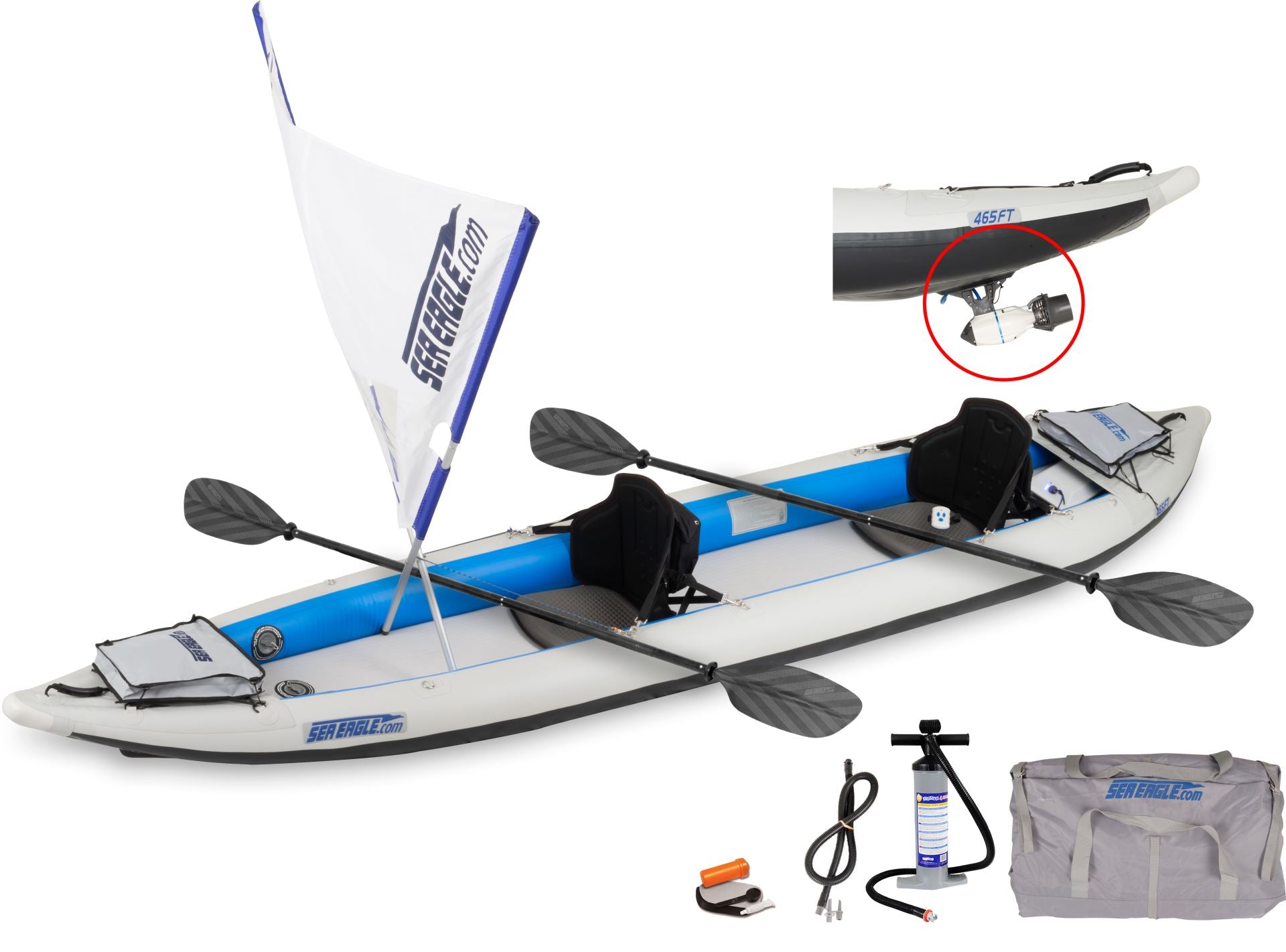 465FT Fast Track Sea Eagle Inflatable Kayak Pro QuikSail Bixpy Motor P ...