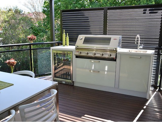 82 inch Steel Kitchen with Colored Glass Doors, includes a 5 Burner Built in BBQ Grill, Glass Door Refrigerator and a Modern Sink with Faucet - Sunzout Outdoor Spaces LLC