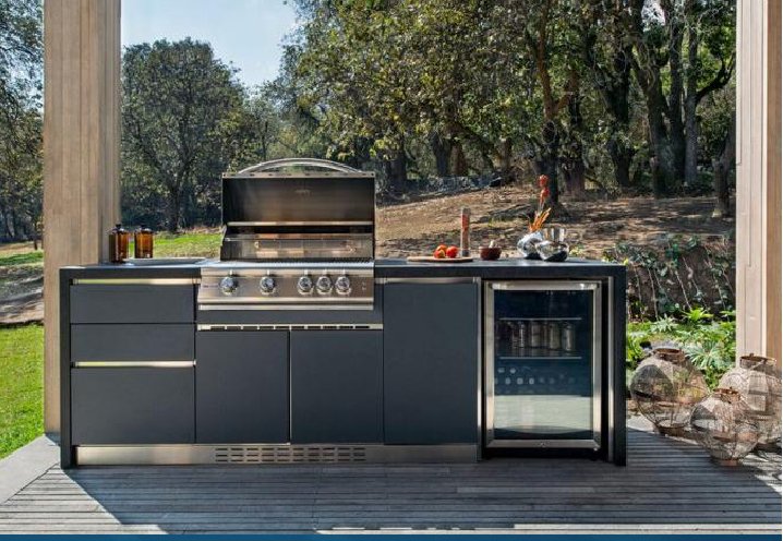 8ft Designer Series Charcoal Steel Outdoor Kitchen, 32 inch Grill and Refrigerator - Sunzout Outdoor Spaces LLC