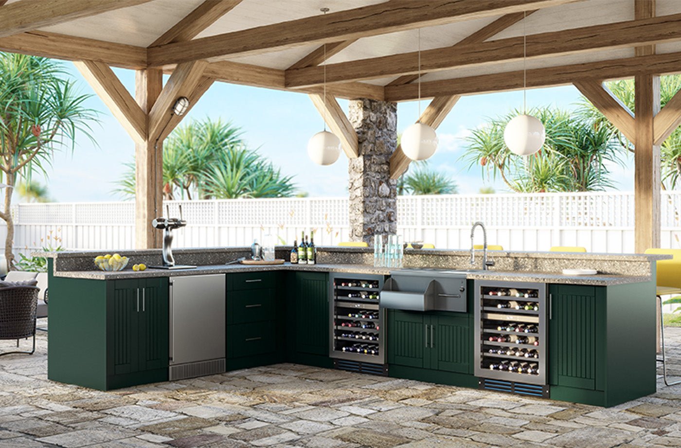 Composite L-Shaped Pre-Assembled Outdoor Bar Cabinet Set with Rap Arou ...