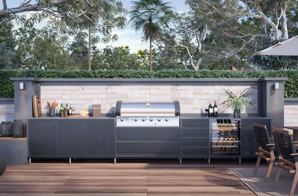 Designer Stainless Steel Modular Outdoor Kitchen in various size includes 7 Burner Grill and Refrigerator or Wine Fridge - Sunzout Outdoor Spaces LLC